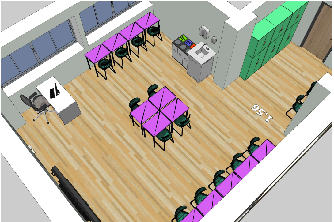 Kompiuterių klasės brėžinys su mokinių darbo vietomis, mokytojo zona ir aiškiu matomumu.