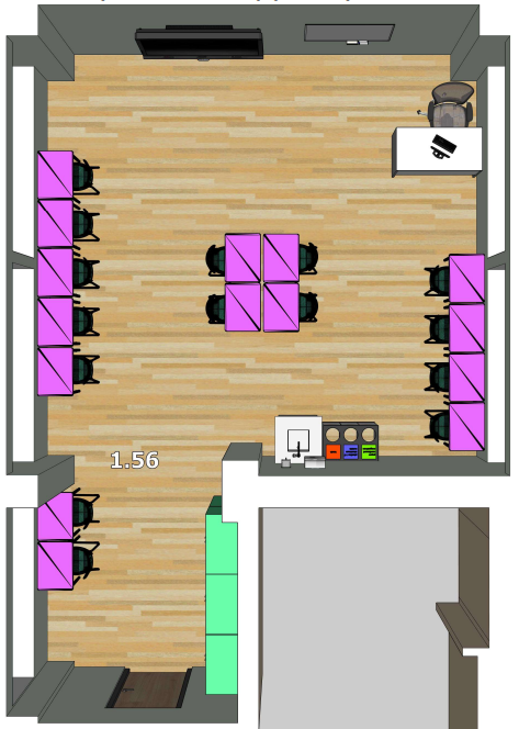 Kompiuterių klasės brėžinys su mokinių darbo vietomis, mokytojo zona ir aiškiu matomumu.