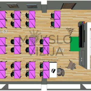 Dailės klasės brėžinys su kūrybinėmis darbo vietomis ir demonstravimo zona.