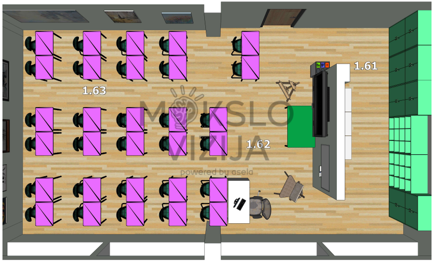 Dailės klasės brėžinys su kūrybinėmis darbo vietomis ir demonstravimo zona.