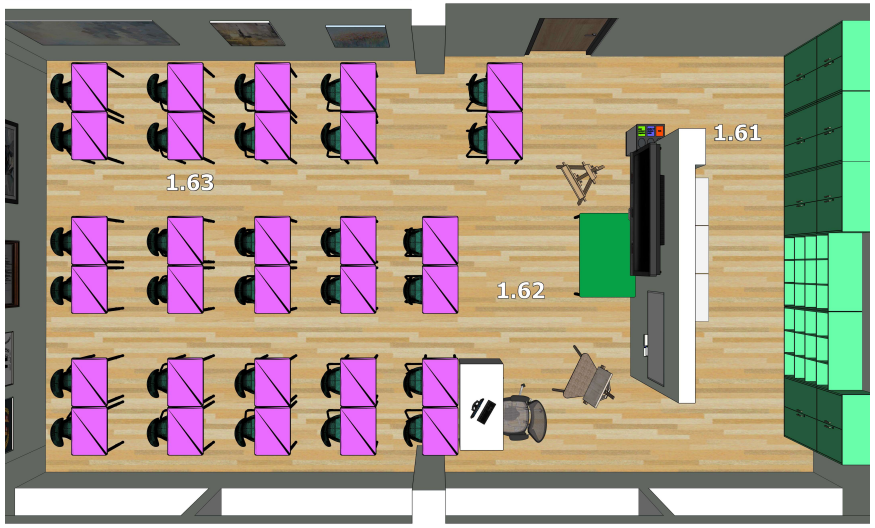 Dailės klasės brėžinys su kūrybinėmis darbo vietomis ir demonstravimo zona.