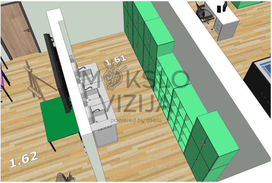 Dailės kabineto išplanavimas su stalais, laikymo spintelėmis ir mokytojo vieta.
