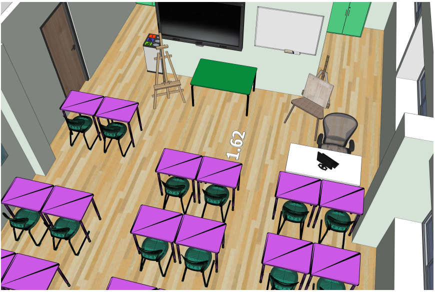 Kūrybinės dailės klasės sprendimas su individualiomis darbo vietomis ir papildomomis erdvėmis.