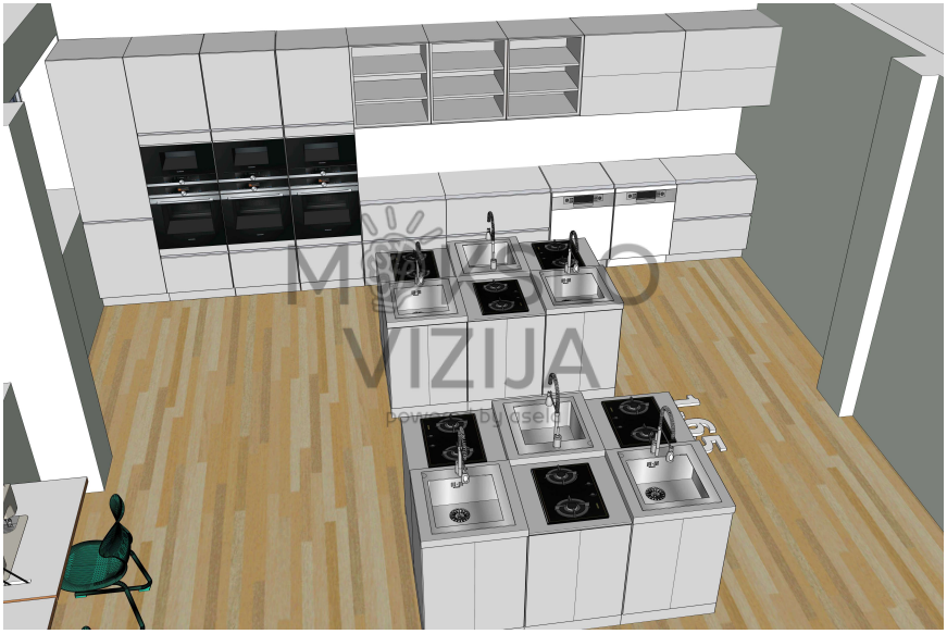 Edukacinės STEAM erdvės planas su darbo salelėmis, laikymo spintelėmis ir lankščiu zonų išdėstymu.