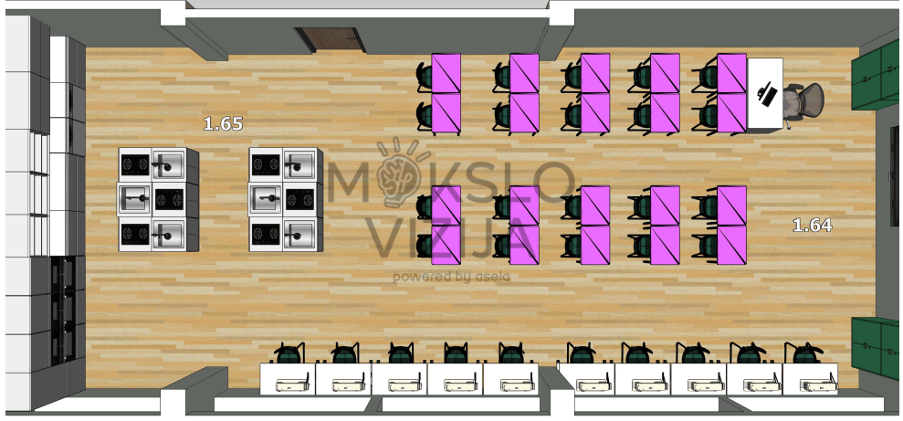 STEAM erdvės brėžinys su dviem susietomis patalpomis, darbo vietomis ir demonstravimo zonomis.