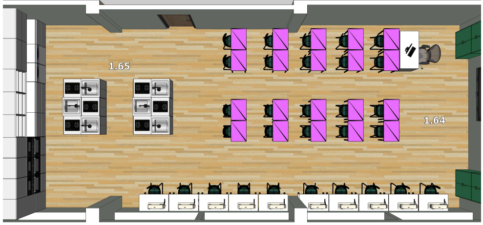 STEAM erdvės brėžinys su dviem susietomis patalpomis, darbo vietomis ir demonstravimo zonomis.