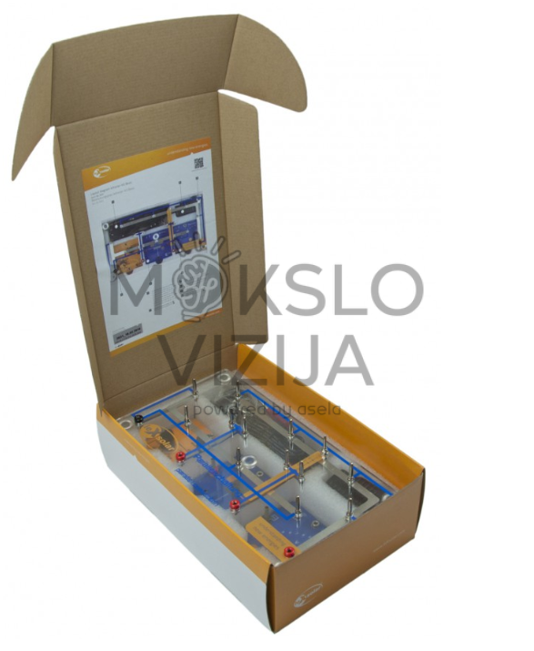 Atidaryta dėžė su viduje esančia saulės energijos mokomąja plokšte ir komplektacijos lapu, skirta laikymui ir transportavimui.