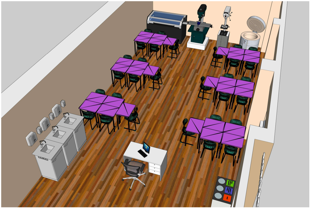 Kultūrinio ugdymo erdvės brėžinys su darbo salelėmis, laisvomis zonomis ir laikymo sprendimais.