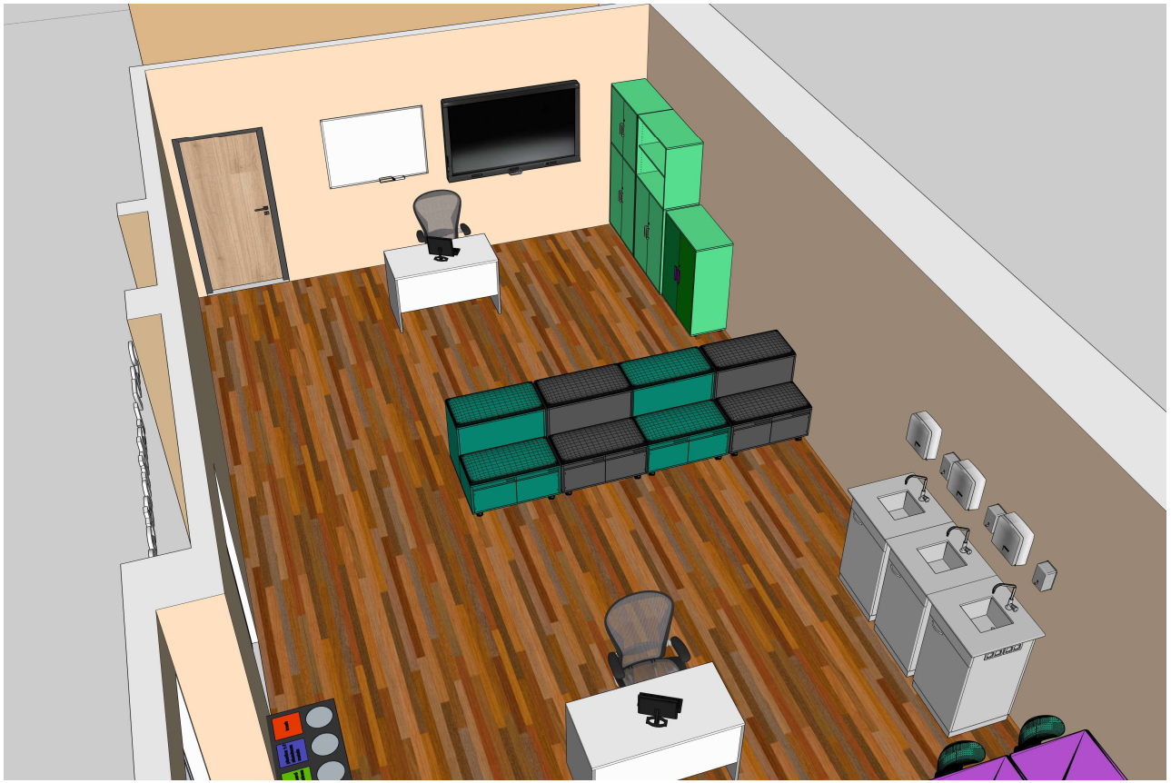 Edukacinės erdvės planas kūrybinėms ir tarpdisciplininėms veikloms, su mokytojo vieta ir laikymu.