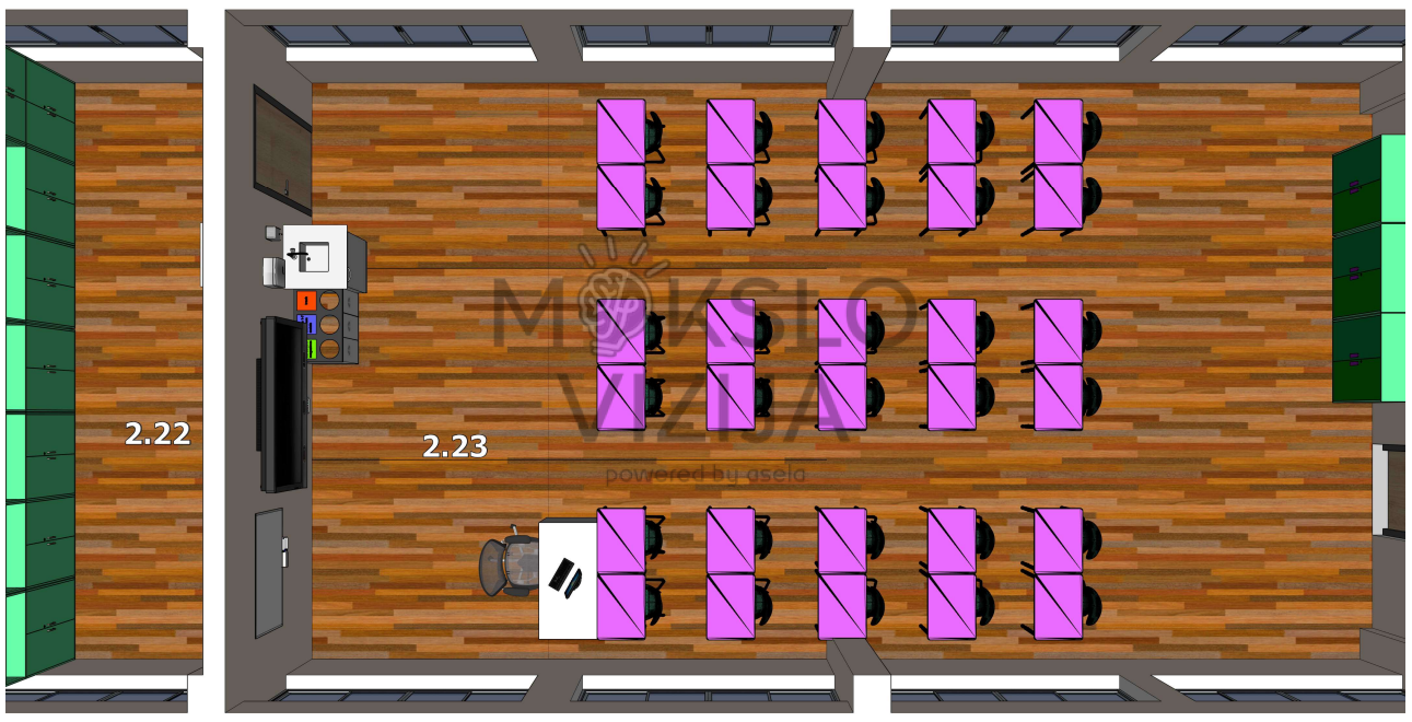 Kultūrinio ugdymo erdvės planas su aiškiais praėjimais ir atskira priemonių paruošimo zona.