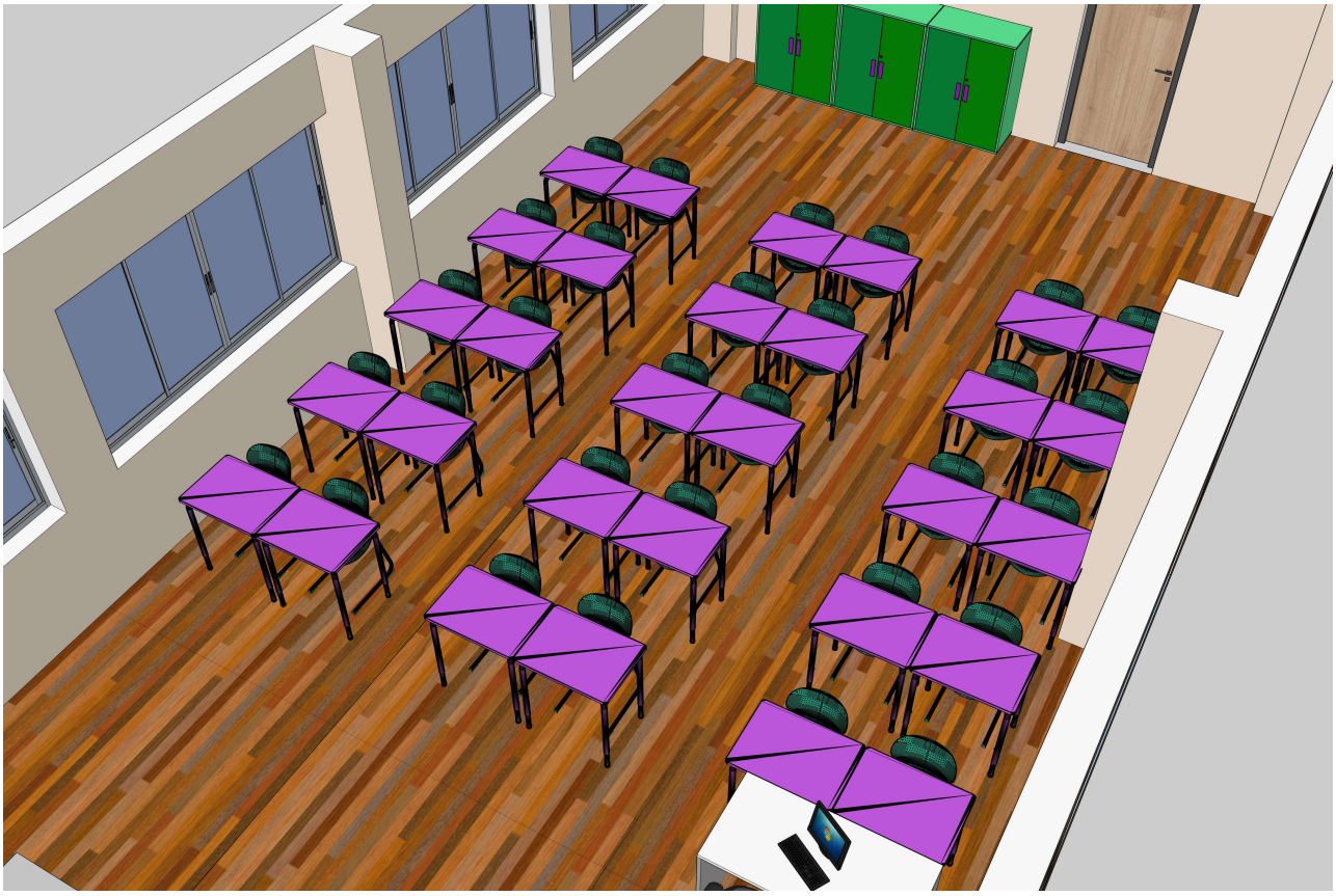 Edukacinės erdvės brėžinys: poriniam darbui išdėstyti stalai, laikymo spintelės, paruošiamoji patalpa.