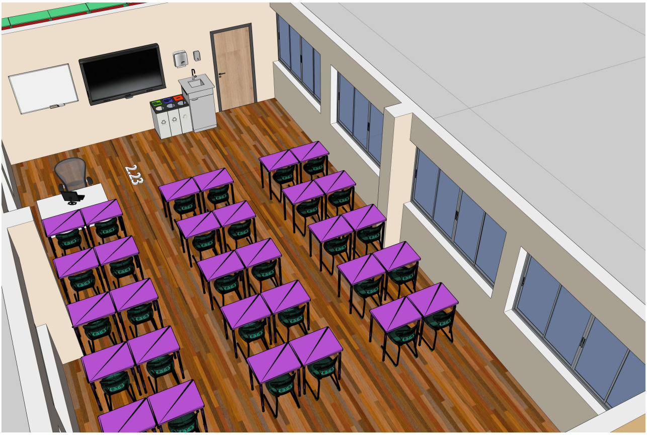 Kultūrinio ugdymo kabineto 2.23 planas su eilėmis išdėstytomis darbo vietomis ir 2.22 paruošiamąja patalpa.