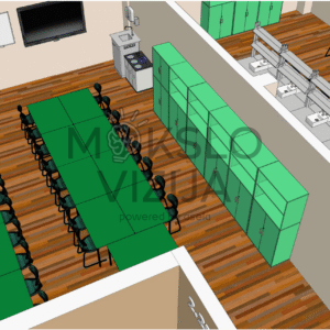 Šiame brėžinyje pavaizduotas mūsų pačių suprojektuotas gamtos mokslų teorinio mokymo kabineto sprendimas