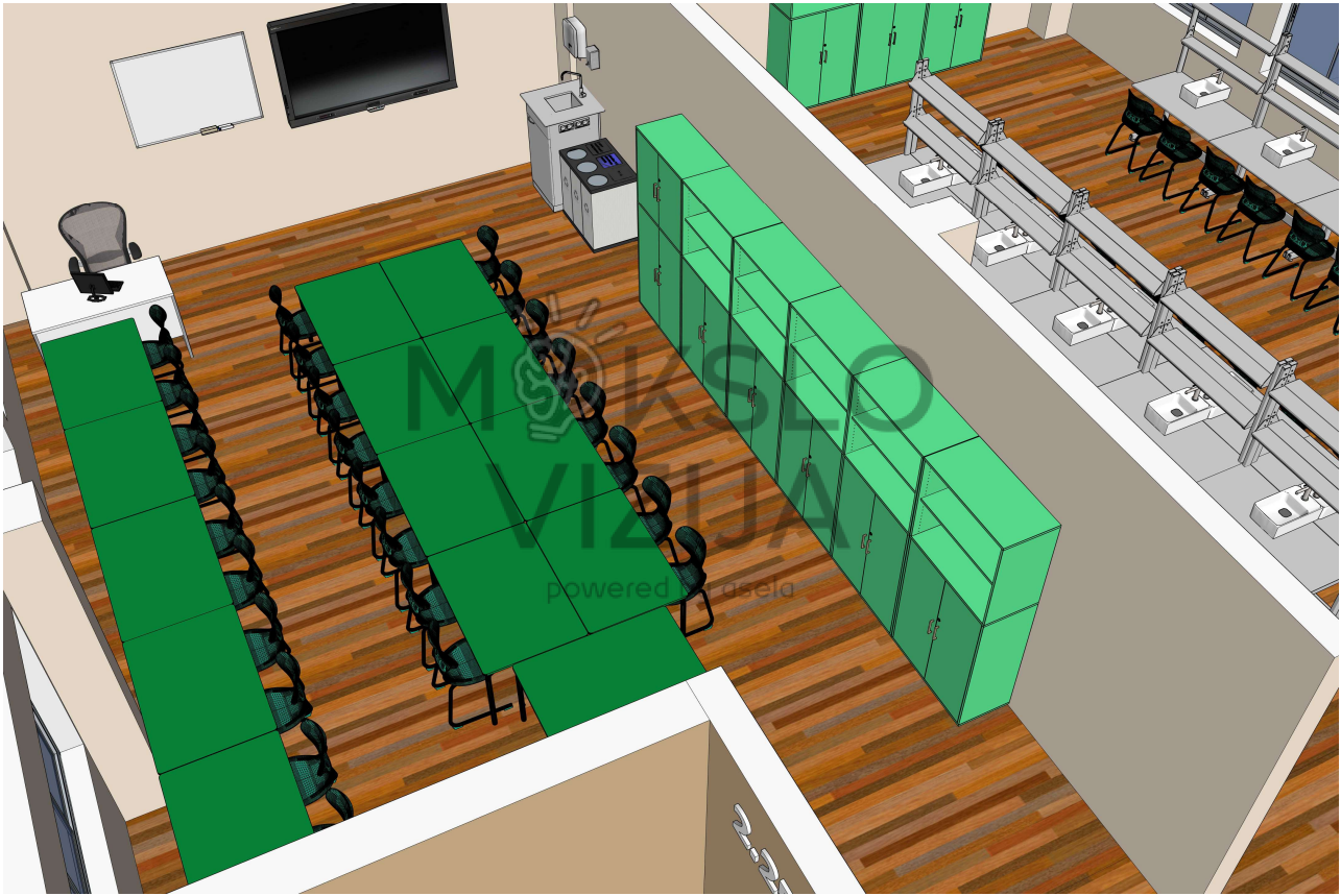 Šiame brėžinyje pavaizduotas mūsų pačių suprojektuotas gamtos mokslų teorinio mokymo kabineto sprendimas