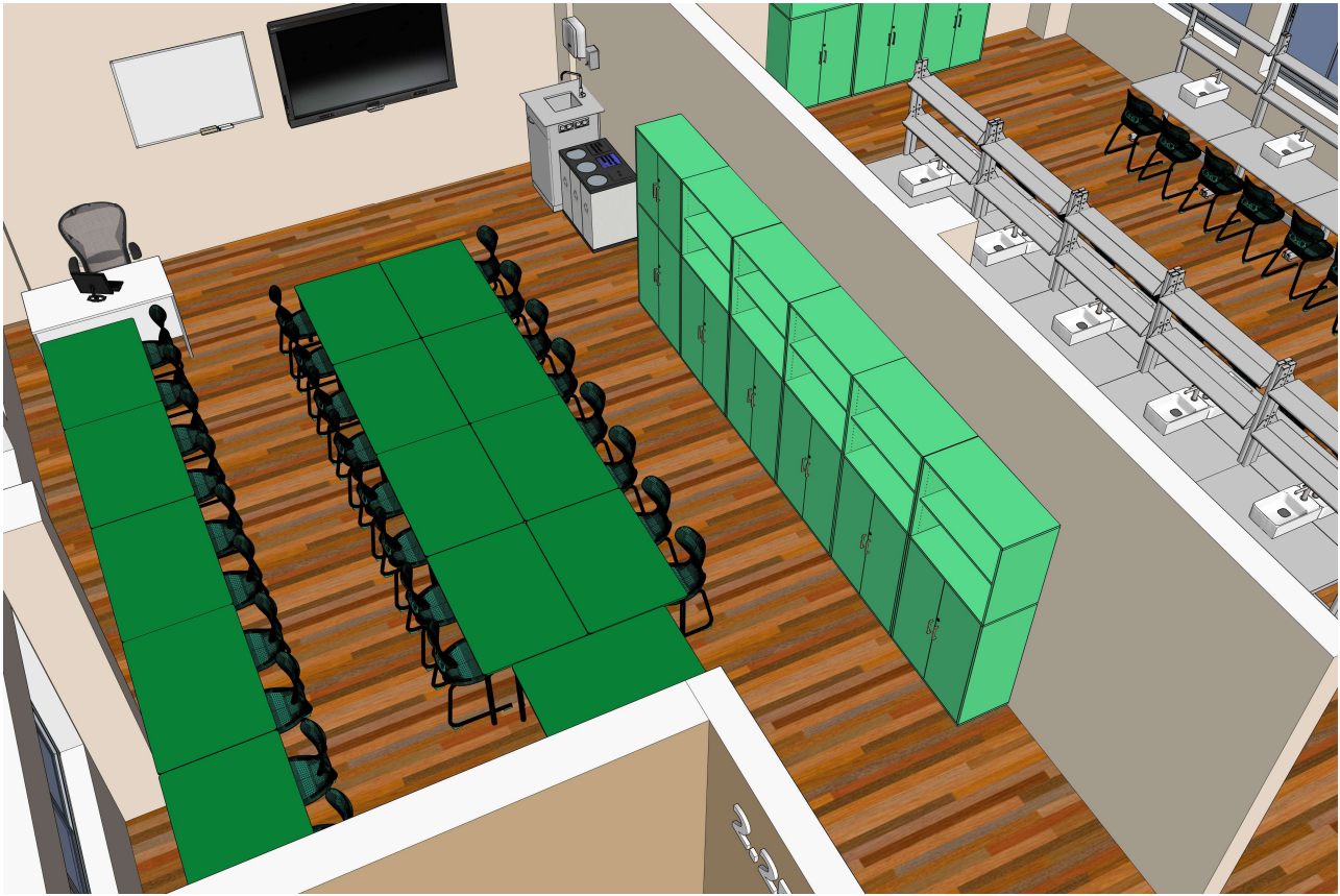 Šiame brėžinyje pavaizduotas mūsų pačių suprojektuotas gamtos mokslų teorinio mokymo kabineto sprendimas