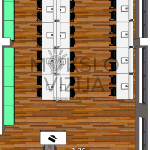 Gamtos mokslų kabineto 2.26 ir 2.27 planas su laboratoriniais stalais ir pasiruošimo kambariu.