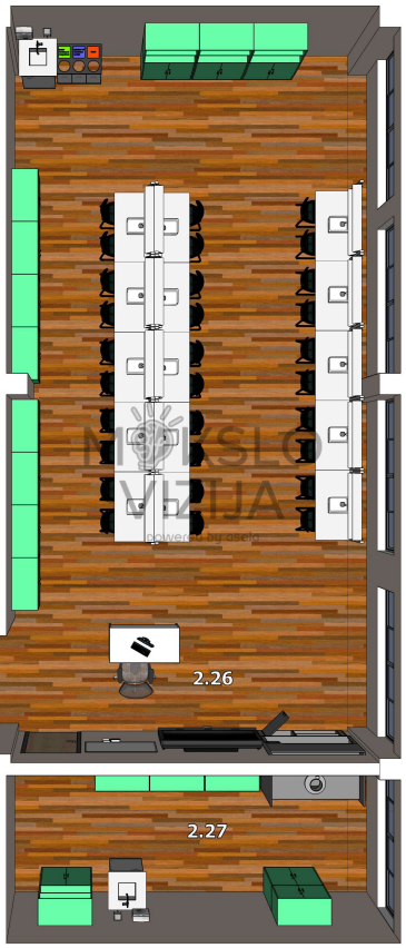 Gamtos mokslų kabineto 2.26 ir 2.27 planas su laboratoriniais stalais ir pasiruošimo kambariu.
