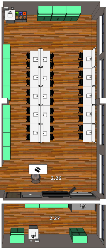 Gamtos mokslų kabineto 2.26 ir 2.27 planas su laboratoriniais stalais ir pasiruošimo kambariu.