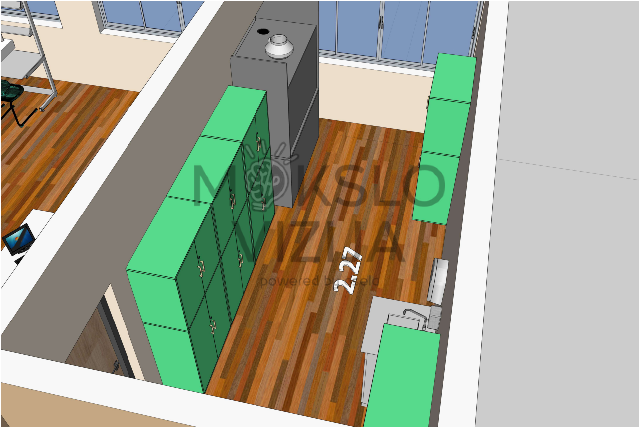 Praktinio mokymo laboratorijos brėžinys su demonstracine zona ir laikymo spintelėmis.