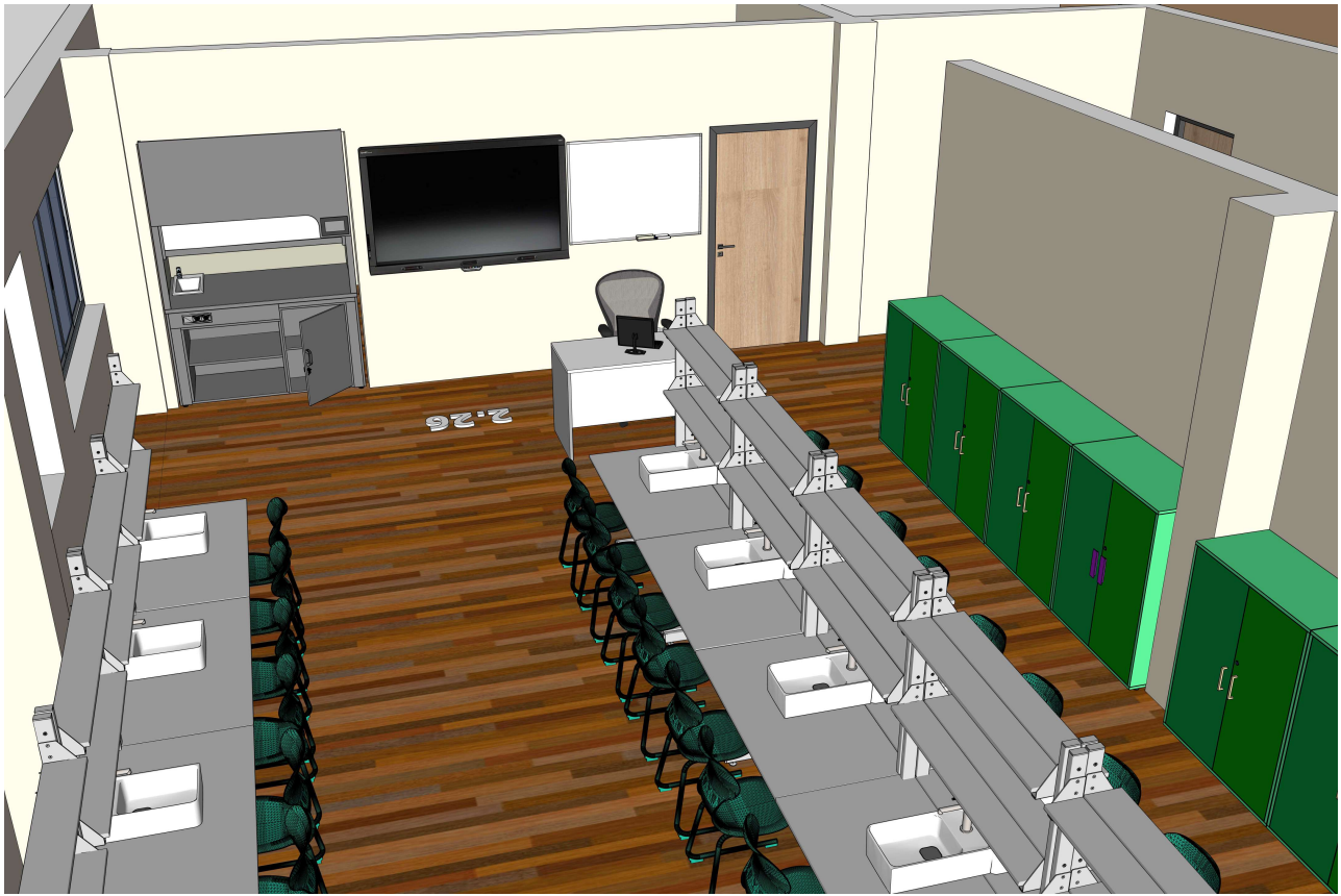 Biologijos, chemijos ir fizikos kabineto išplanavimas su atskiru mokytojo kambariu.