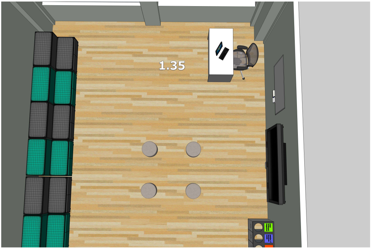 Neformalaus mokymosi erdvės planas su grupinio darbo zonomis ir moderatoriaus darbo vieta.