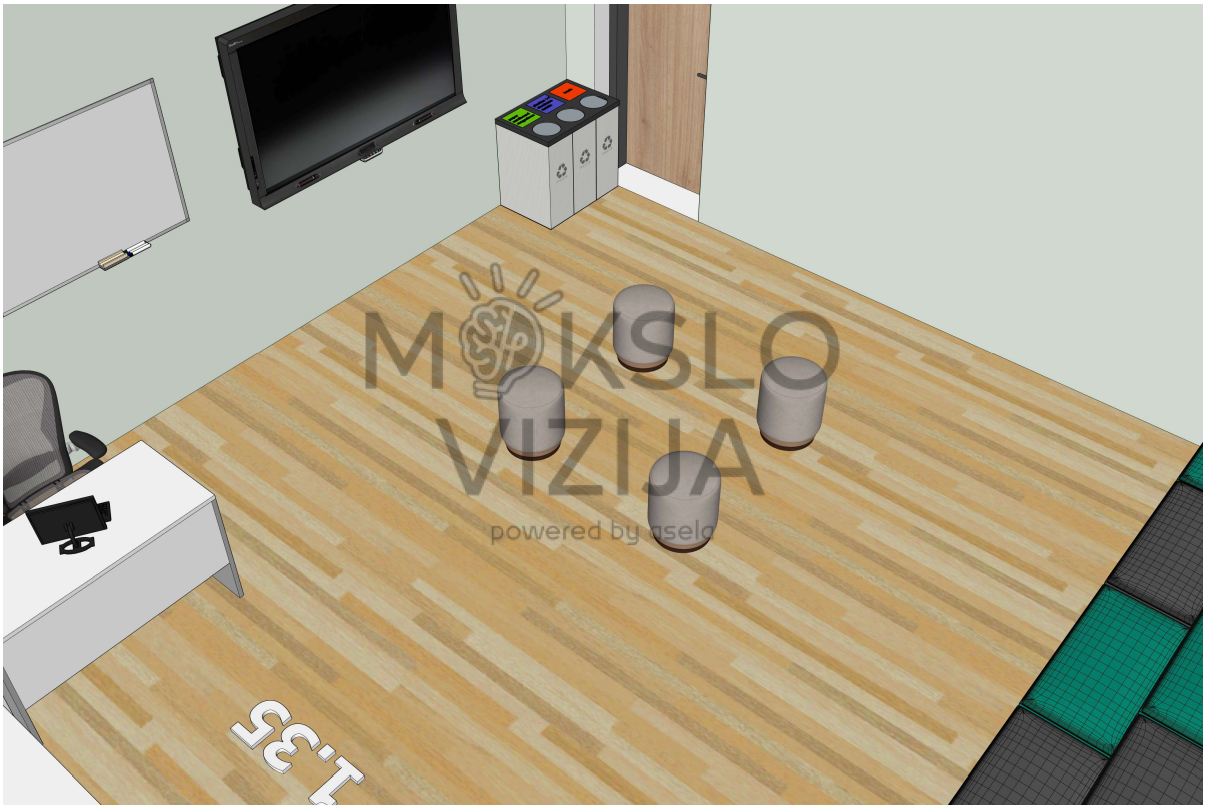 Lanksti poilsio ir mokymosi erdvė: sėdėjimo zonos, diskusijų vieta, laikymo sprendimai perimetru.