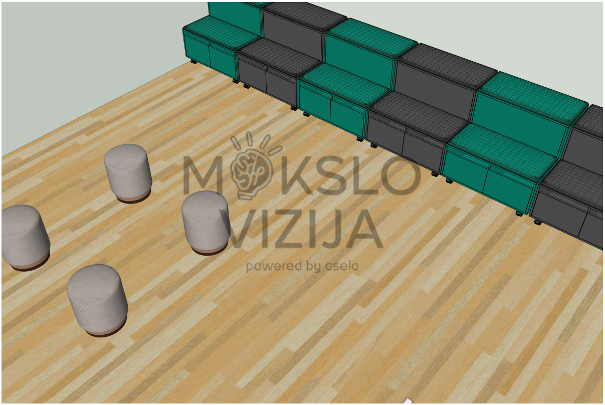 Neformalios erdvės brėžinys su minkštomis sėdimomis vietomis, atvira centrine zona ir laikymu.