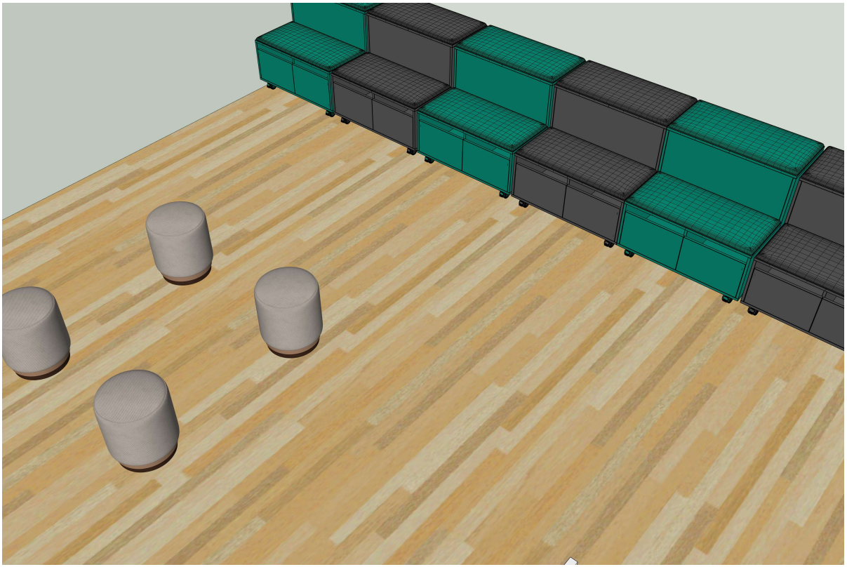 Neformalios erdvės brėžinys su minkštomis sėdimomis vietomis, atvira centrine zona ir laikymu.