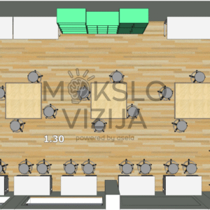 Inžinerijos ir kūrybos dirbtuvių brėžinys su darbo paviršiais, techninėmis vietomis ir tvarkingu laikymu.