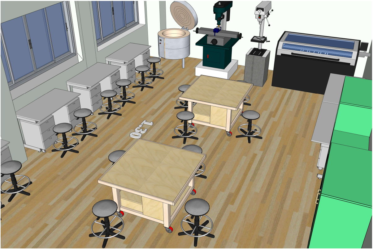 Praktinių technologijų dirbtuvių išplanavimas: komandinio darbo salelės, įrangos zonos, mokytojo vieta.