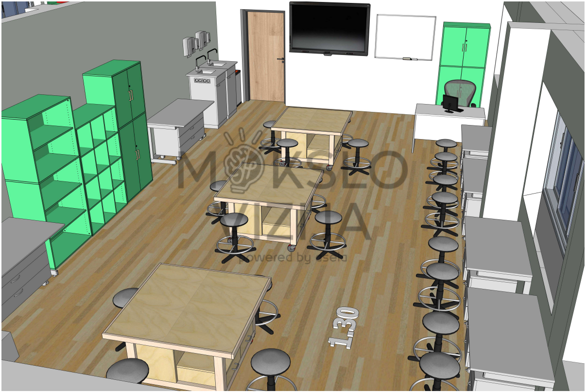 STEAM erdvės planas su specializuotomis darbo vietomis perimetru ir laikymo spintelėmis.