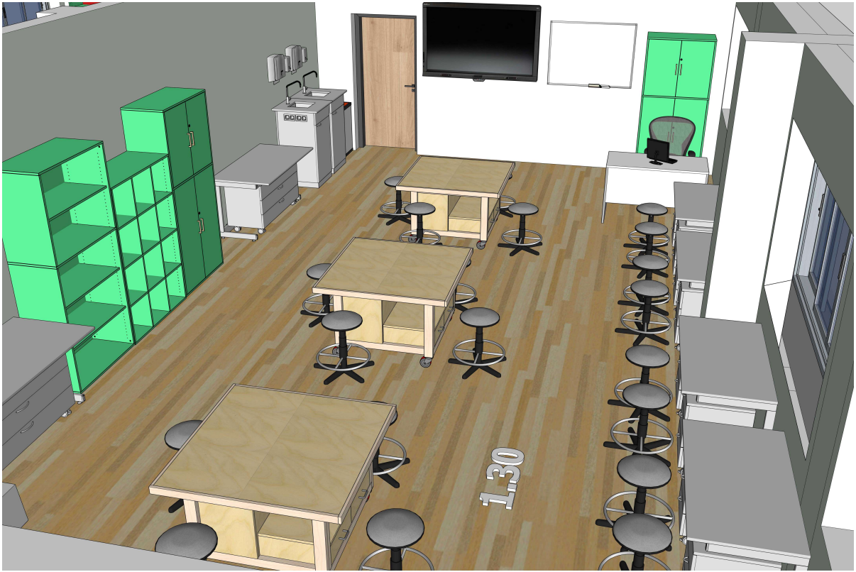 STEAM erdvės planas su specializuotomis darbo vietomis perimetru ir laikymo spintelėmis.