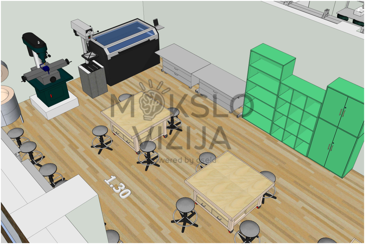 STEAM dirbtuvių brėžinys su grupinio darbo salelėmis, atskirtomis zonomis ir atvirais praėjimais.