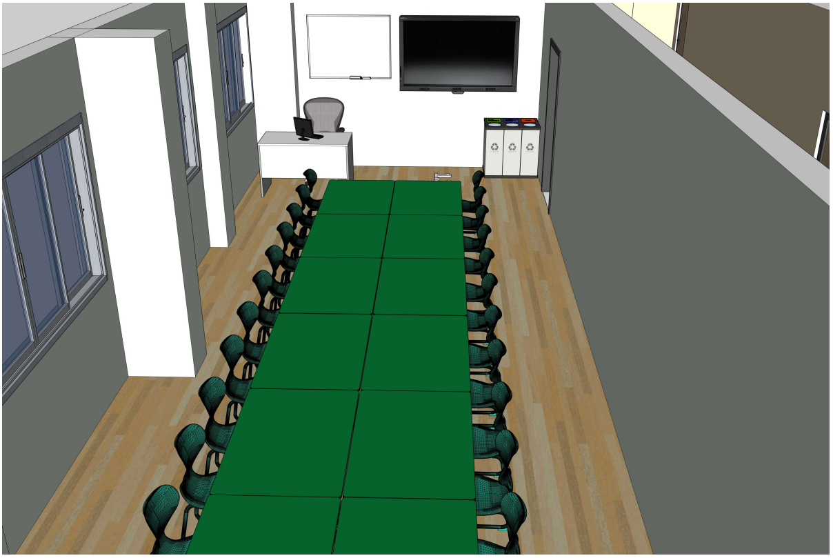 STEAM mokymosi erdvės išplanavimas su laikymo baldais perimetru ir mokytojo darbo vieta.