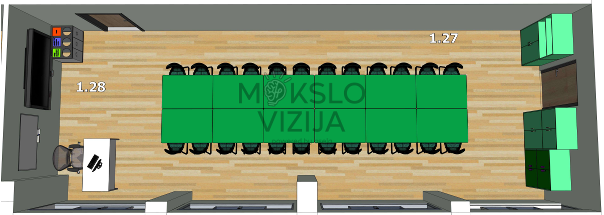 STEAM teorinio ugdymo erdvės brėžinys su ilgais bendrais stalais ir aiškiais praėjimais.