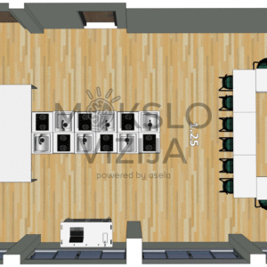 STEAM praktinio mokymo planas: integruota įranga, aiškūs praėjimai, laikymo baldai perimetru.