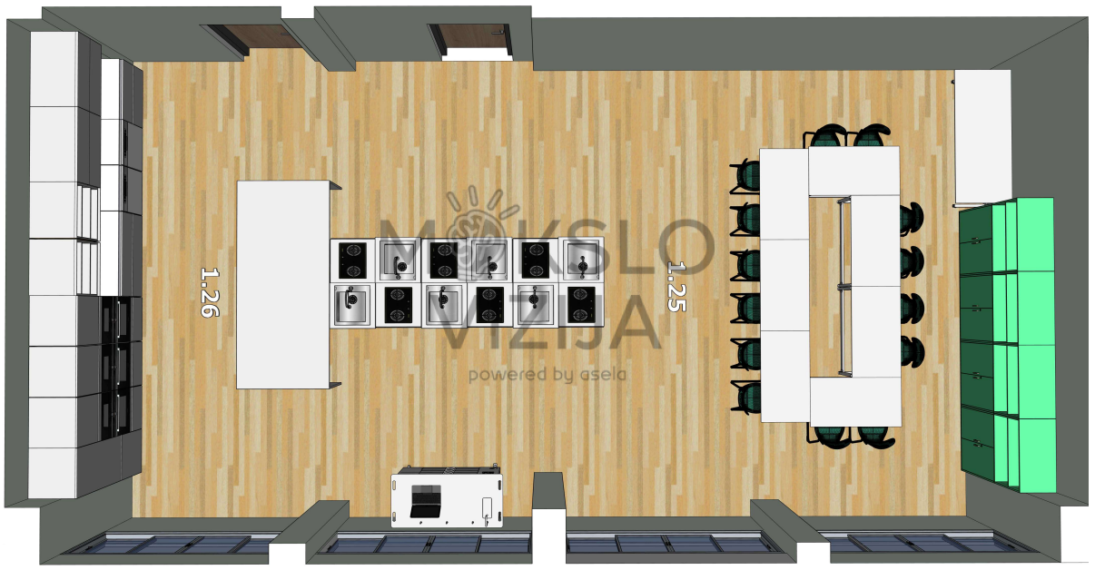 STEAM praktinio mokymo planas: integruota įranga, aiškūs praėjimai, laikymo baldai perimetru.