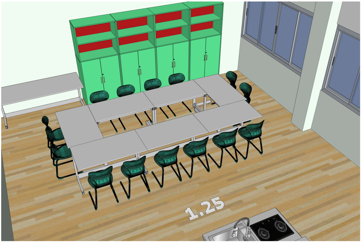 Gretimos erdvės išplanavimas su U formos stalais diskusijoms ir mokytojo demonstracijoms.