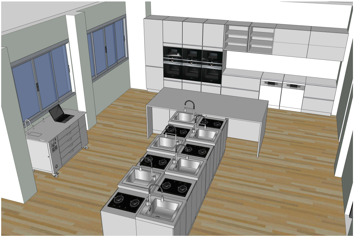 Praktinės STEAM erdvės brėžinys su specializuotomis darbo zonomis ir centrinėmis darbo salelėmis.