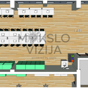 Trijų patalpų laboratorijos planas su laikymo zonomis ir pasiruošimo erdvėmis.
