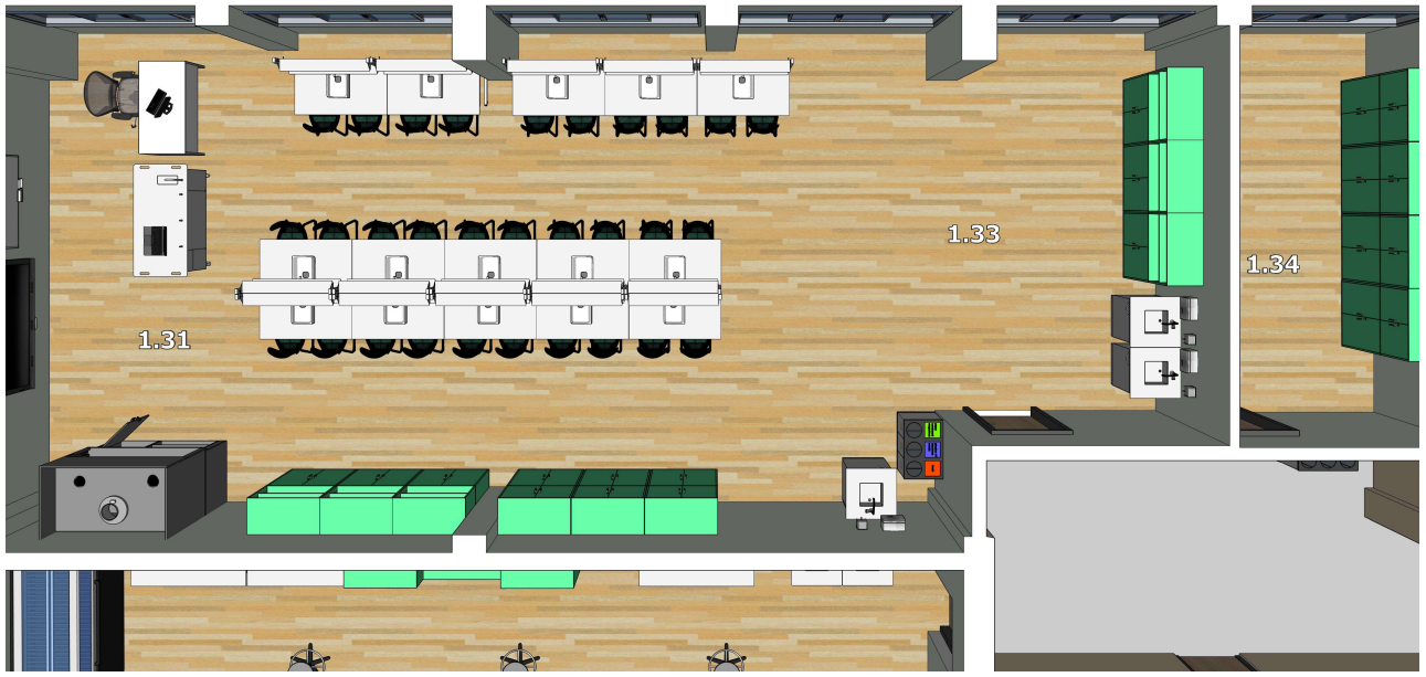 Trijų patalpų laboratorijos planas su laikymo zonomis ir pasiruošimo erdvėmis.