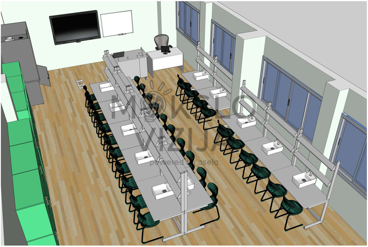 Biologijos, chemijos ir fizikos kabineto išplanavimas su saugiomis darbo vietomis.