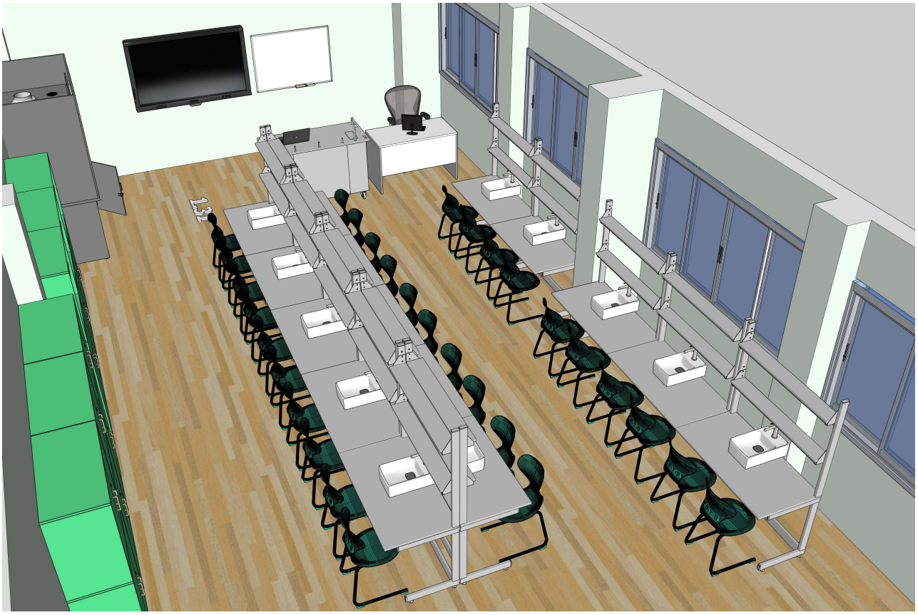Biologijos, chemijos ir fizikos kabineto išplanavimas su saugiomis darbo vietomis.