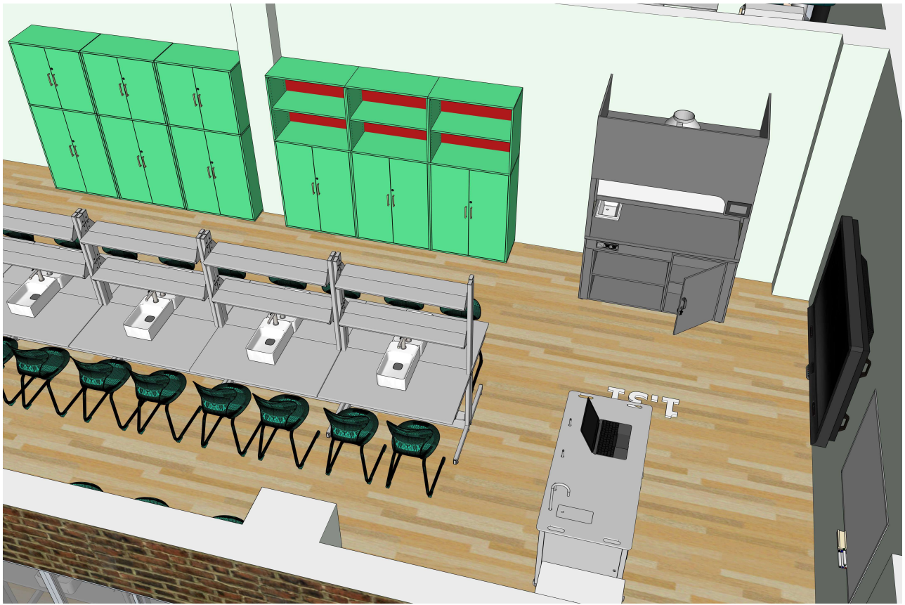 Praktinio mokymo laboratorija su aiškiais praėjimais ir sandėliavimo patalpomis.