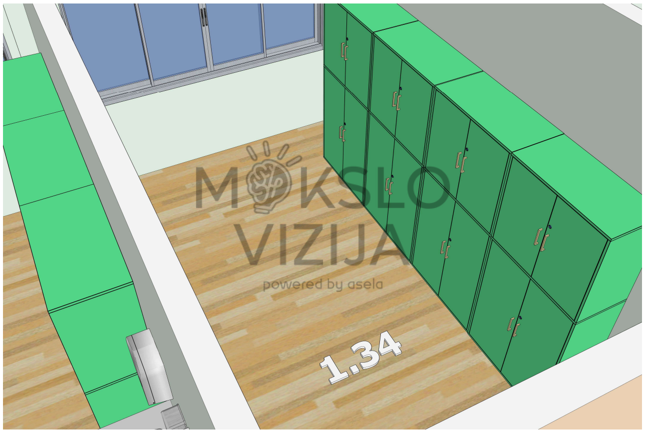Gamtos mokslų praktinio mokymo brėžinys su laboratoriniais stalais ir plovimo vietomis.