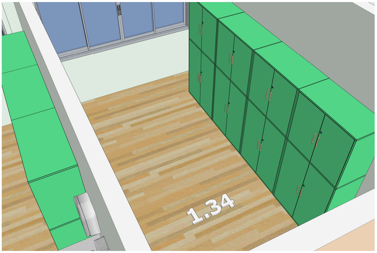 Gamtos mokslų praktinio mokymo brėžinys su laboratoriniais stalais ir plovimo vietomis.