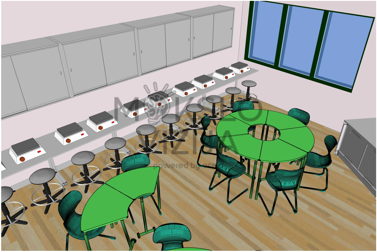 Klasės erdvės sprendimas su grupinio ir individualaus darbo zonomis bei patogiu judėjimu.