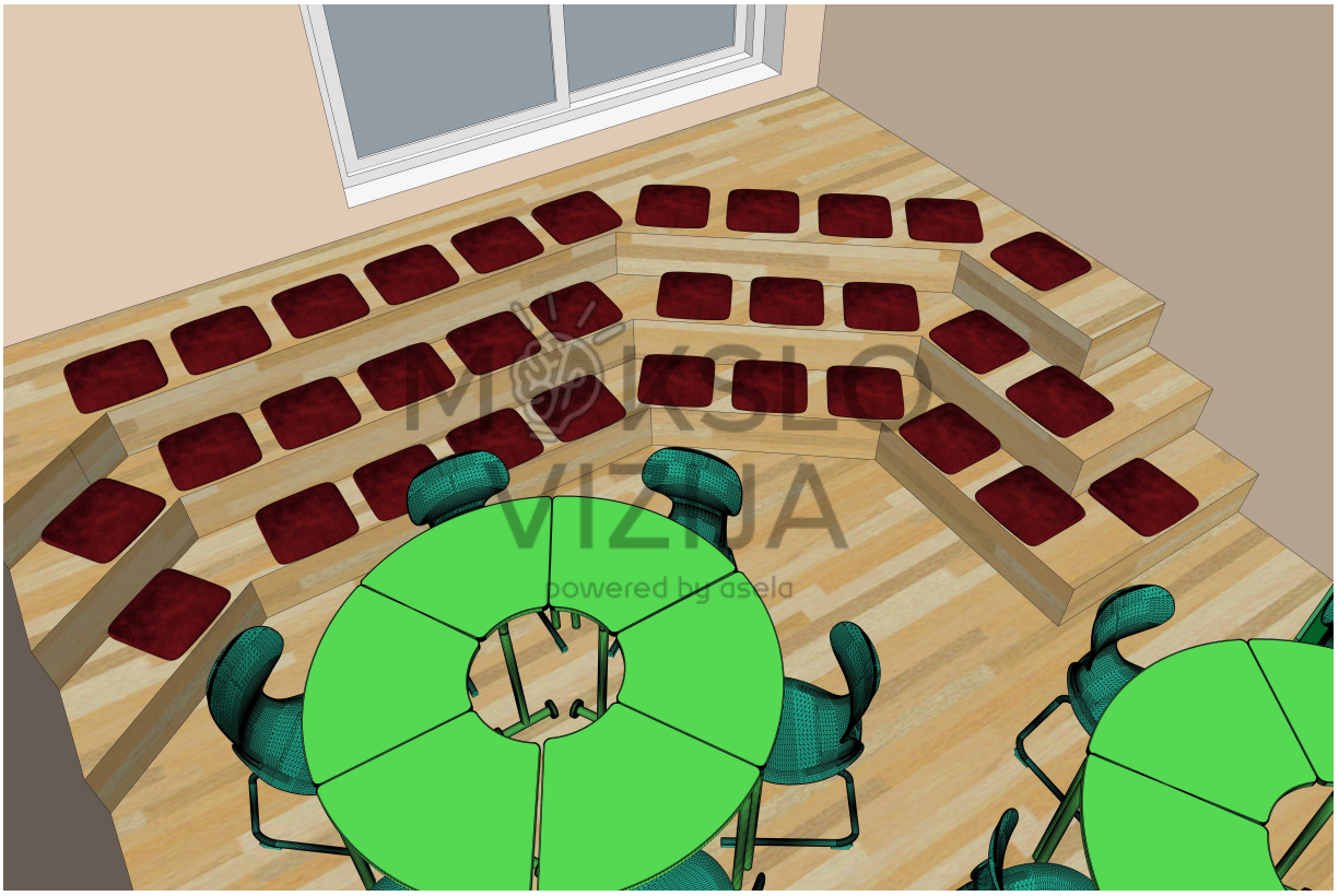 Segmentinių stalų ir amfiteatro zonos išplanavimas mažiems renginiams ir kūrybinėms veikloms.