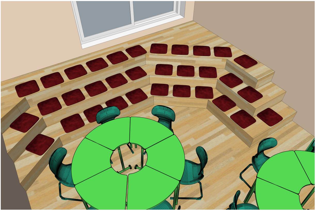 Segmentinių stalų ir amfiteatro zonos išplanavimas mažiems renginiams ir kūrybinėms veikloms.