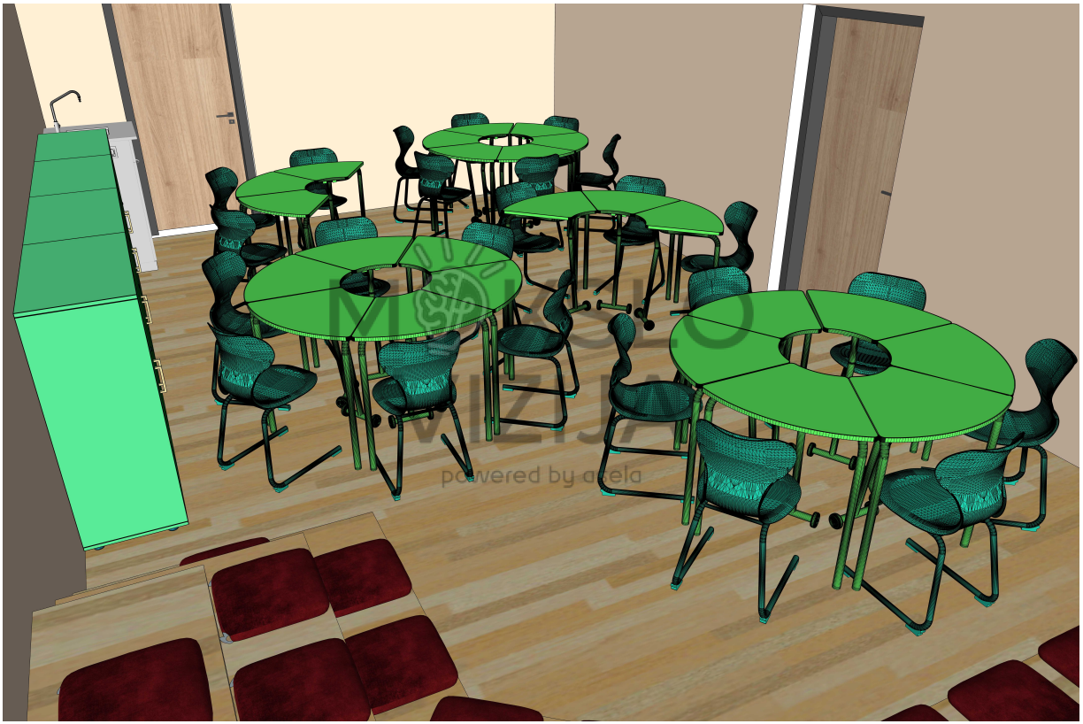 Transformuojamos bendruomeninės erdvės planas edukacijoms, dirbtuvėms, diskusijoms ir pristatymams.